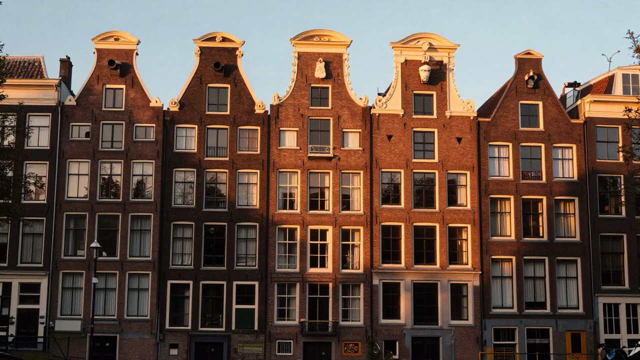 Amsterdam Canal House Facade in Honeyed Evening Light with Vintage Italian Majolica Plate in in Amsterdam, Netherlands
