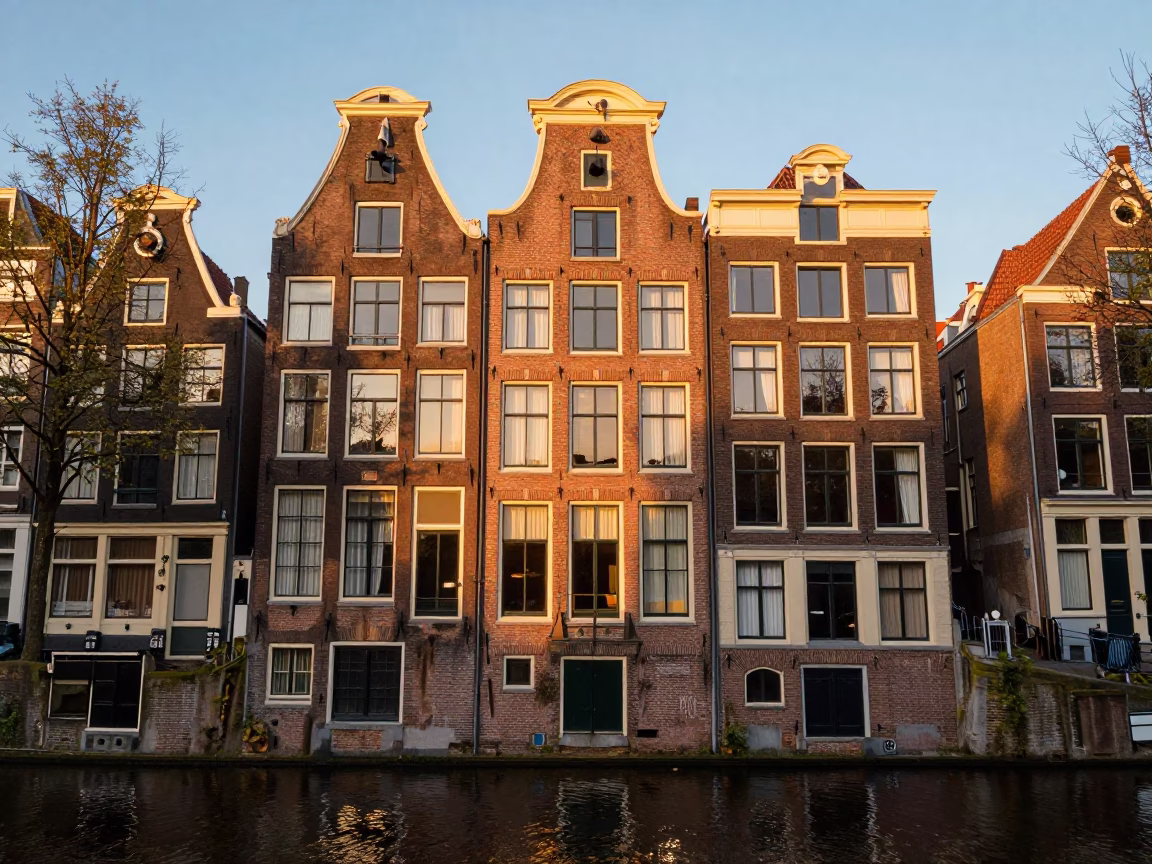 Amsterdam Canal House Facade in Honeyed Evening Light with Wicker Basket in in Amsterdam, Netherlands