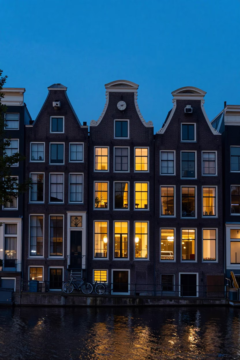 Amsterdam Canal House Facade in Indigo Twilight with Bicycle and Door Wreath in in Amsterdam, Netherlands
