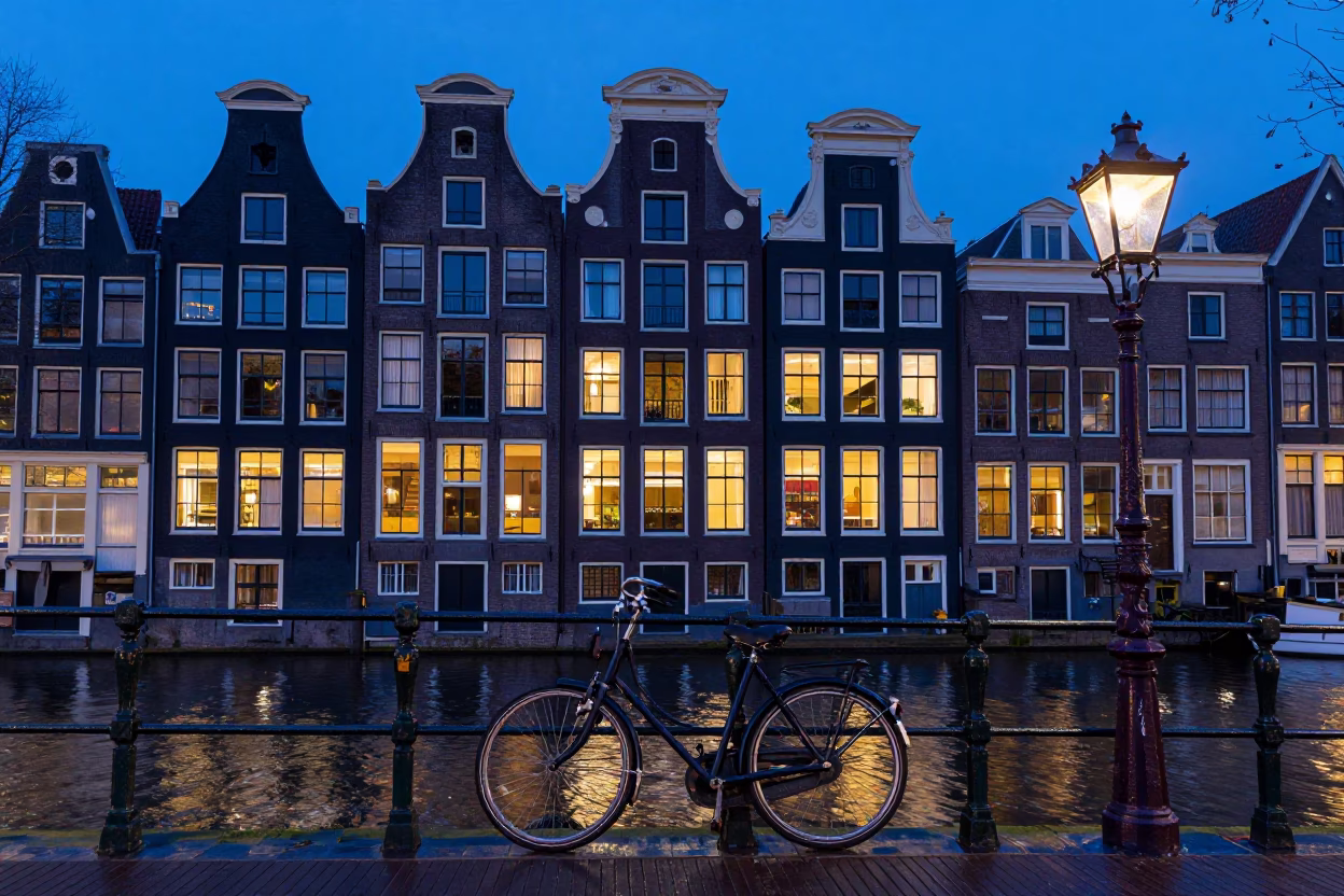 Amsterdam canal house facade in indigo twilight with bicycle and street lamp in in Amsterdam, Netherlands