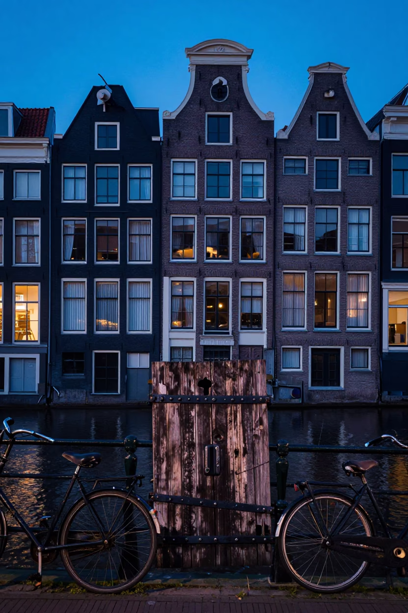 Amsterdam Canal House Facade in Indigo Twilight with Bicycle Peg Rail Detail in in Amsterdam, Netherlands