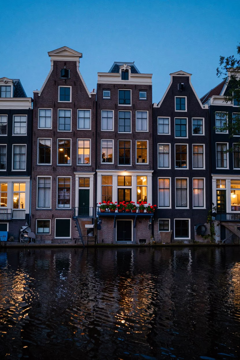 Amsterdam Canal House Facade in Indigo Twilight with Potted Geraniums and Wet Cobblestones in in Amsterdam, Netherlands