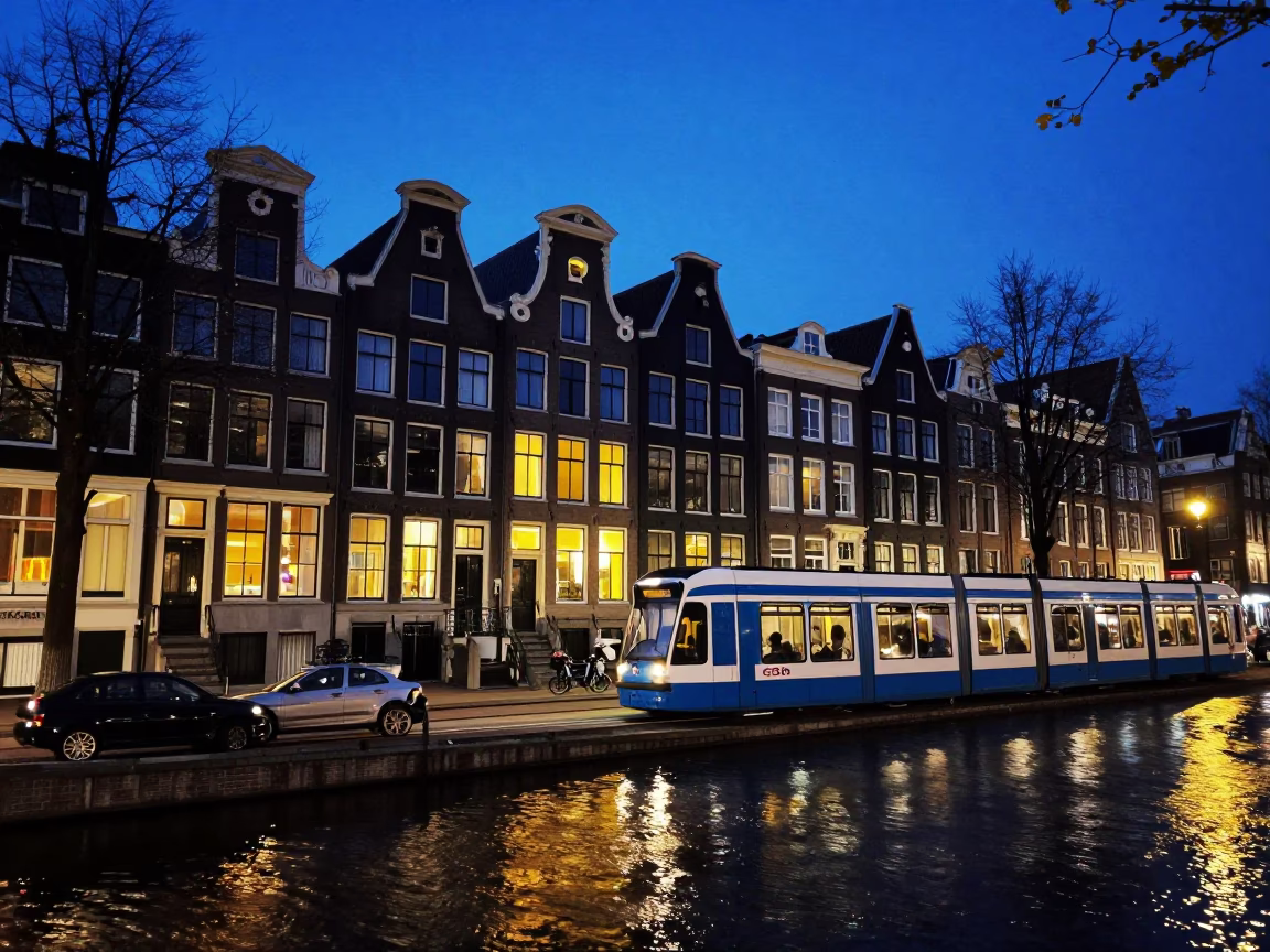 Amsterdam Canal House Facade in Indigo Twilight with Tram and Bicycle in in Amsterdam, Netherlands
