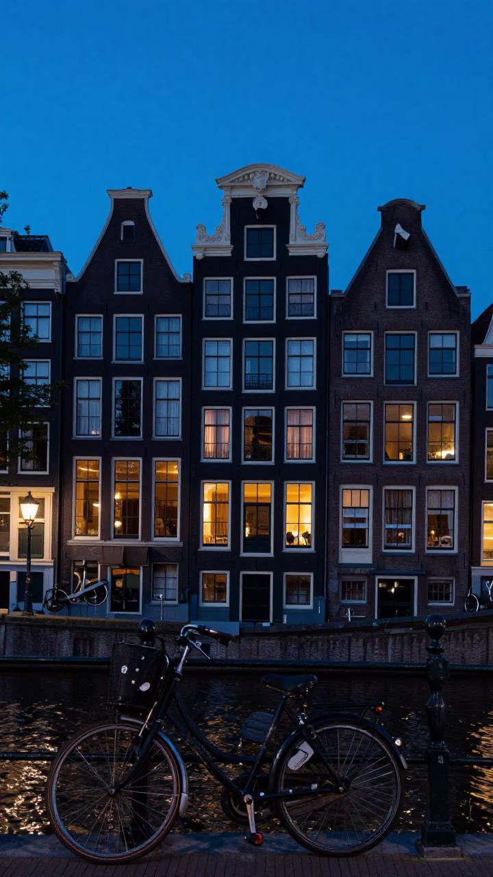 Amsterdam Canal House Facade in Indigo Twilight with Vintage Bicycle and Scarf in in Amsterdam, Netherlands