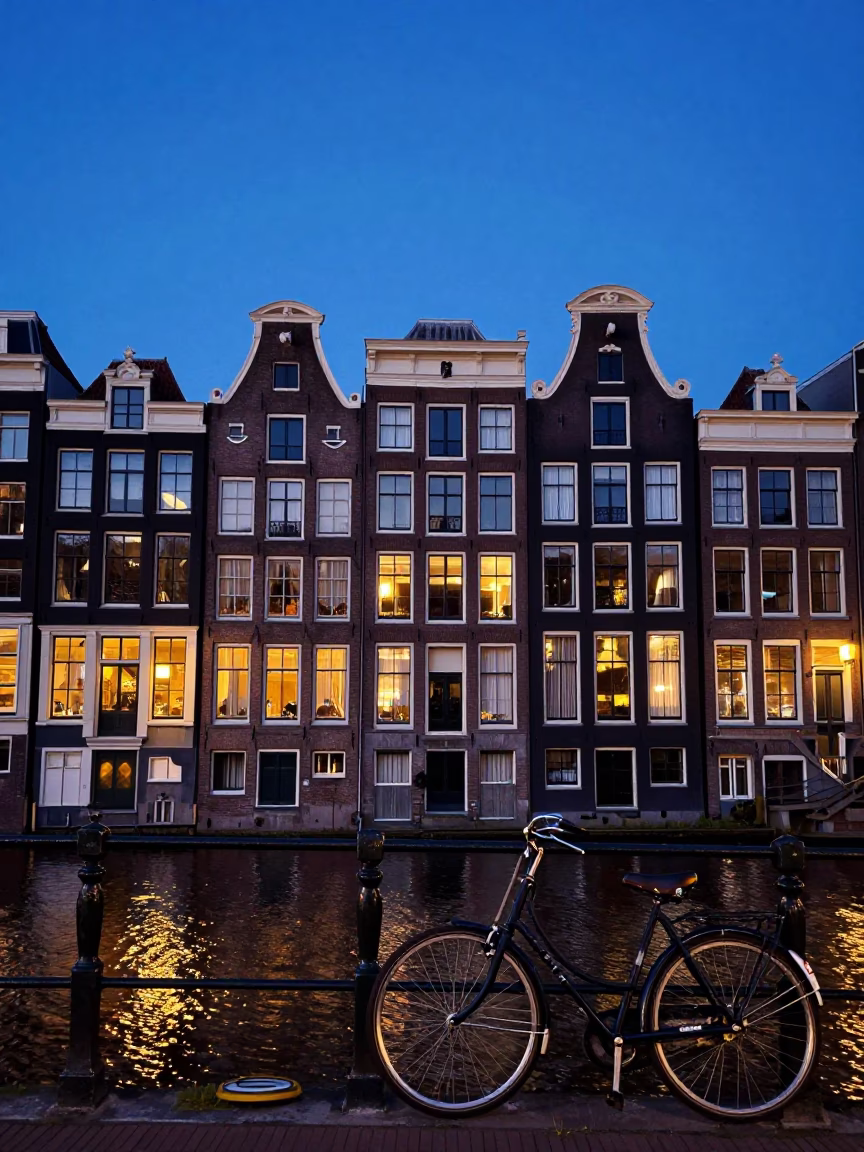 Amsterdam Canal House Facade in Indigo Twilight with Vintage Bicycle and Wet Cobblestone Reflections in in Amsterdam, Netherlands