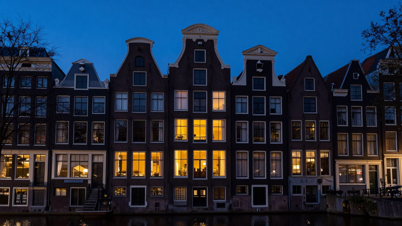 Amsterdam Canal House Facade in Indigo Twilight with Vintage Details in in Amsterdam, Netherlands