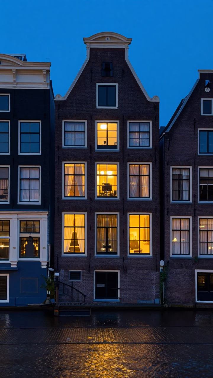 Amsterdam Canal House Facade in Indigo Twilight with Warm Interior Window Light in in Amsterdam, Netherlands