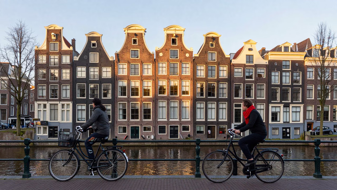 Amsterdam Canal House Facade in Morning Light with Bicycle and Scarf in in Amsterdam, Netherlands