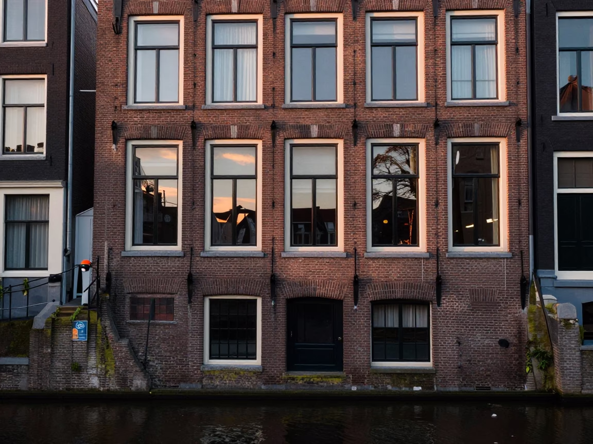 Amsterdam Canal House Facade Late Afternoon Light Reflecting on Cobblestones in in Amsterdam, Netherlands