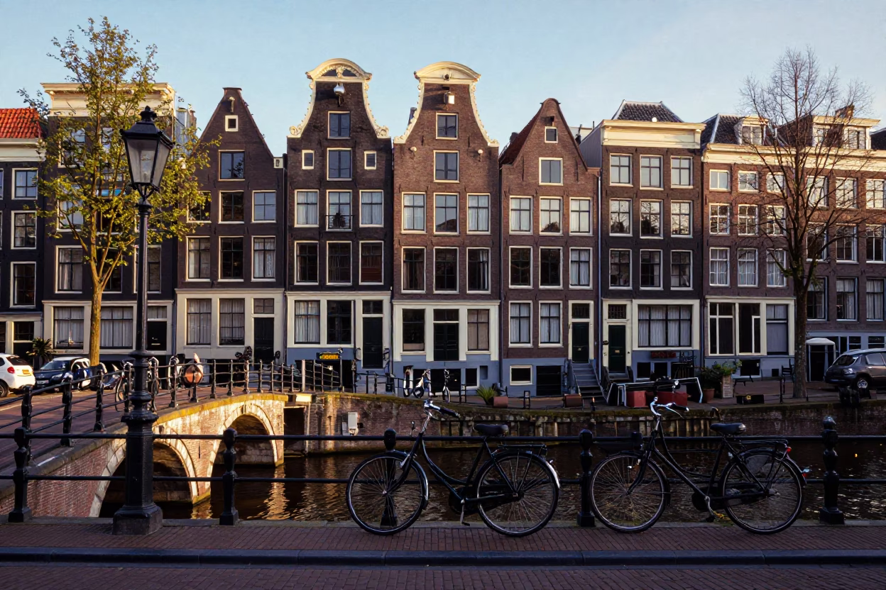 Amsterdam Canal House Facade Late Afternoon Light with Bicycle and Stone Bridge in in Amsterdam, Netherlands