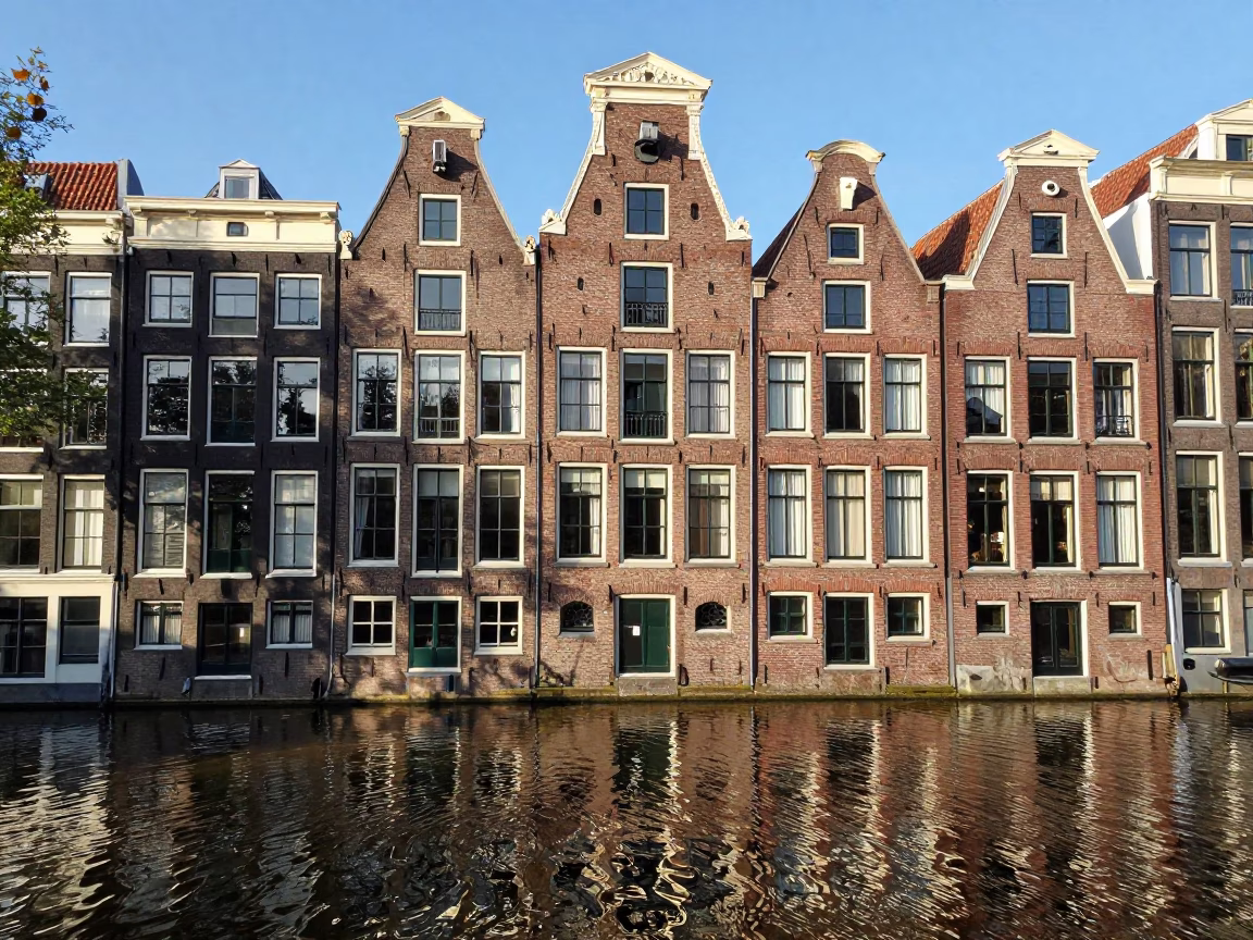 Amsterdam Canal House Facade Midday Sunlight Reflections on Water in in Amsterdam, Netherlands