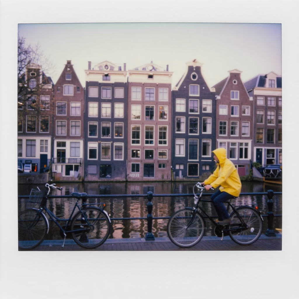 Amsterdam Canal House Facade Morning Light with Bicycle and Street Vendor in in Amsterdam, Netherlands