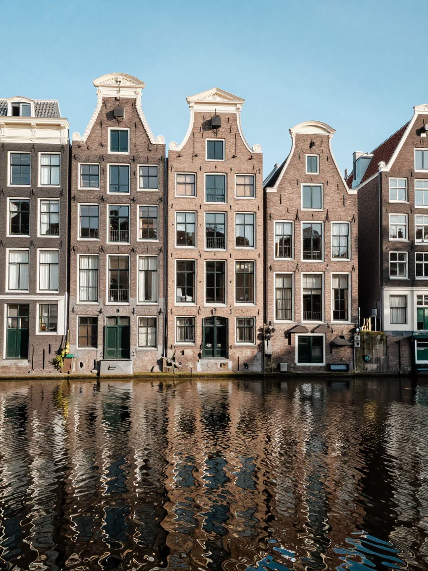 Amsterdam Canal House Facade Reflection in Bright Midmorning Light in in Amsterdam, Netherlands