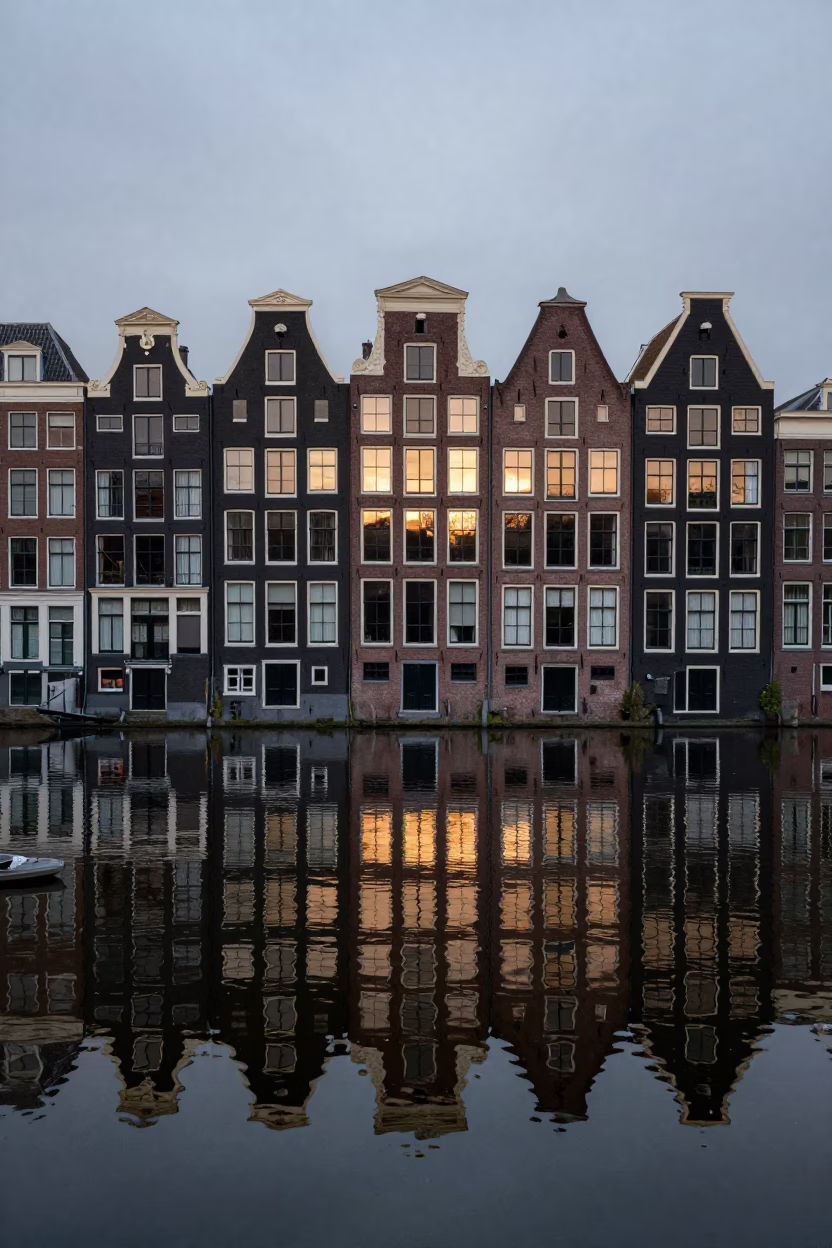 Amsterdam Canal House Facade Reflections in Pre-Dawn Gray Light in in Amsterdam, Netherlands