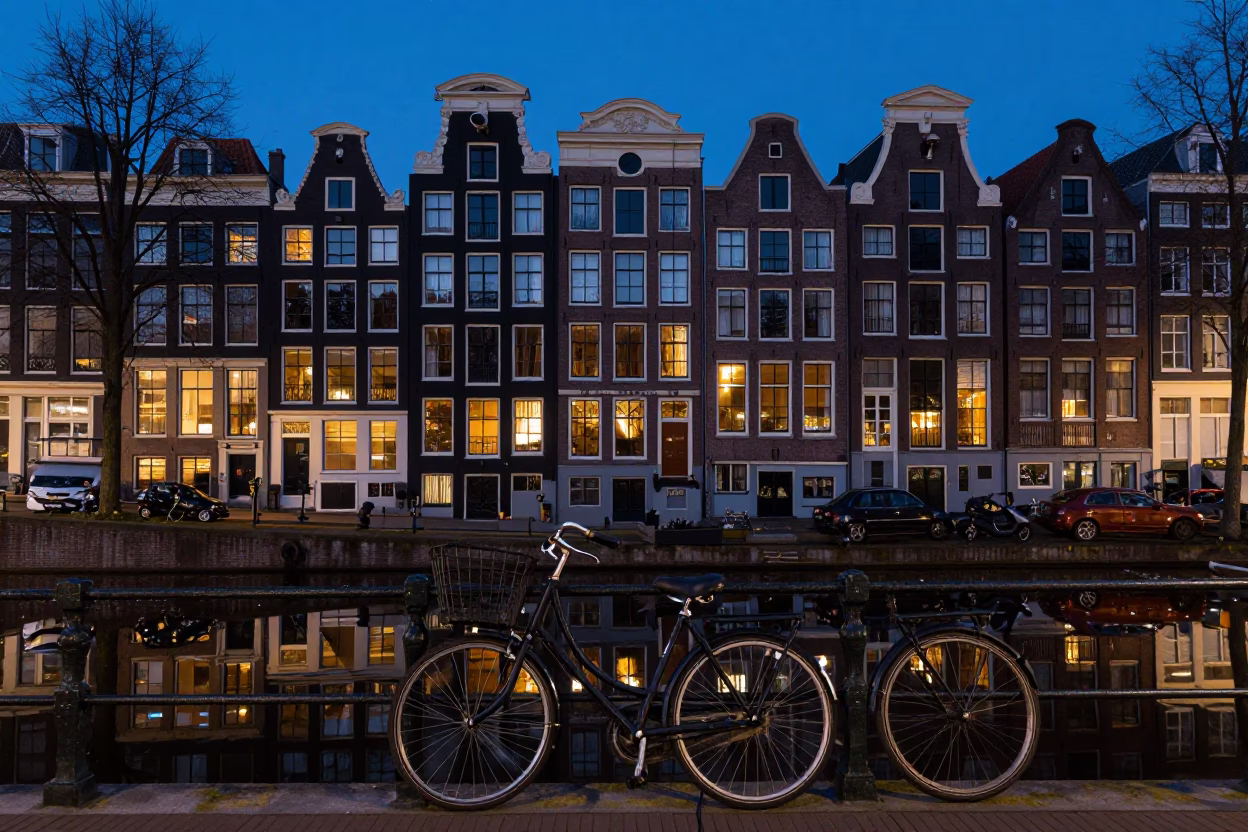 Amsterdam Canal House Facade Twilight Reflections with Bicycle and Streetlamp Glow in in Amsterdam, Netherlands