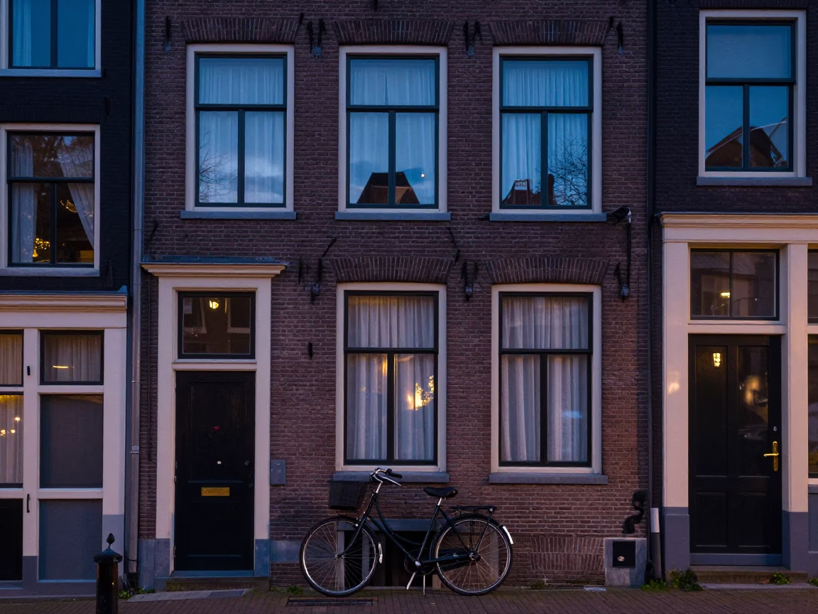 Amsterdam Canal House Facade Twilight Street Scene with Vintage Bicycle and Brick Architecture in in Amsterdam, Netherlands