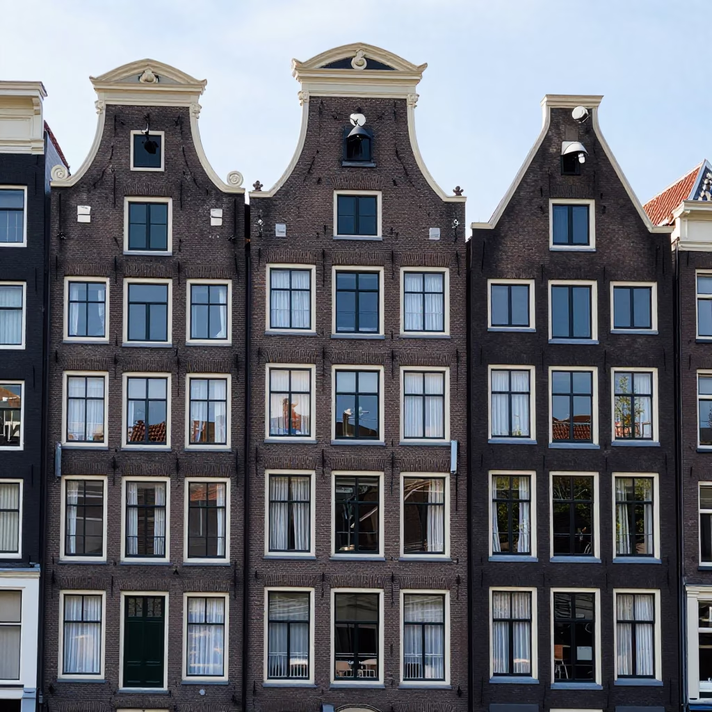 Amsterdam Canal House Facade Under Flat Noon Light with Bicycle and Brickwork in in Amsterdam, Netherlands