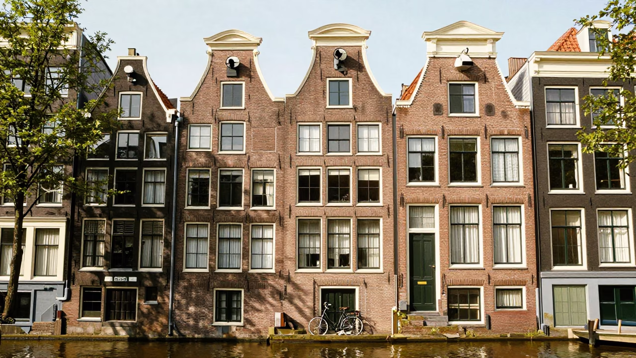 Amsterdam Canal House Facade Under Flat Noon Light with Bicycle and Window Sill Details in in Amsterdam, Netherlands