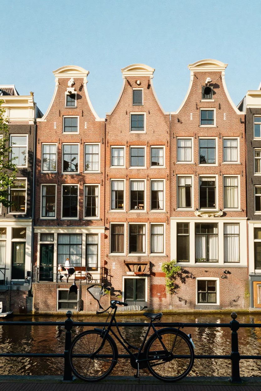 Amsterdam Canal House Facade Under Noon Sun with Bicycle and Window Box in in Amsterdam, Netherlands