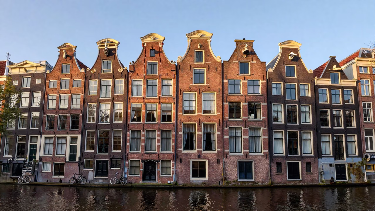 Amsterdam Canal House Facade with Bicycle and Brickwork in Late Afternoon Light in in Amsterdam, Netherlands