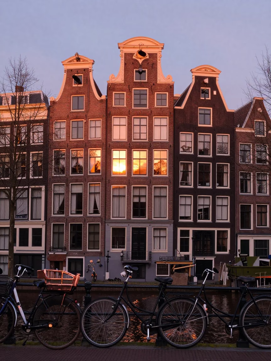 Amsterdam Canal House Facade with Bicycle and Copper Dusk Light in in Amsterdam, Netherlands