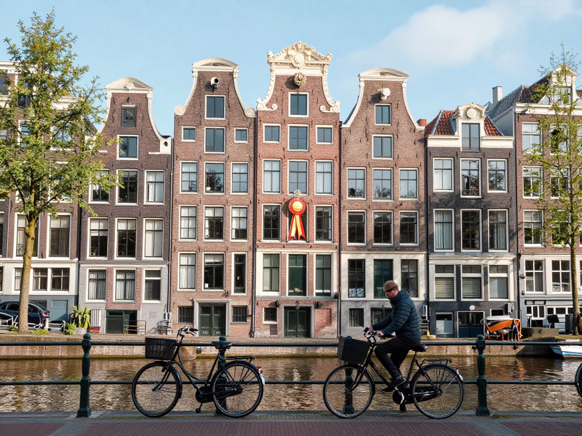 Amsterdam Canal House Facade with Bicycle and Medal Ribbon in Bright Midmorning Light in in Amsterdam, Netherlands