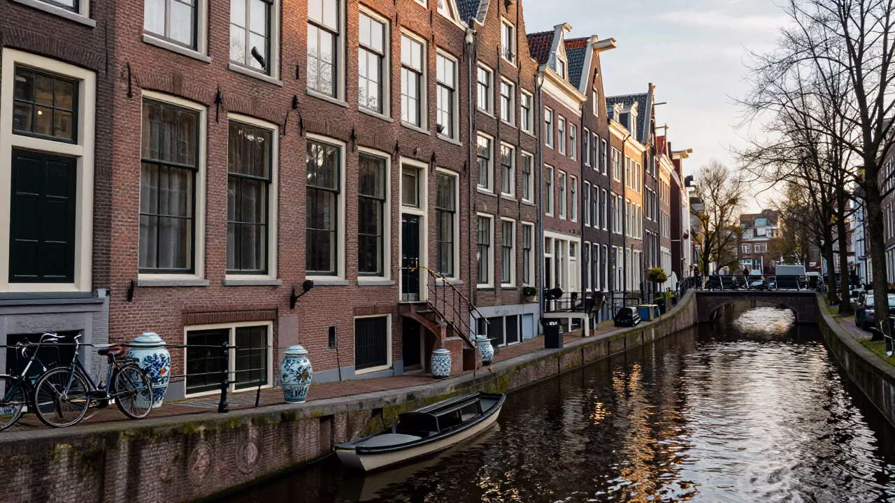 Amsterdam Canal House Facade with Bicycle and Porcelain Jar in Early Afternoon Light in in Amsterdam, Netherlands
