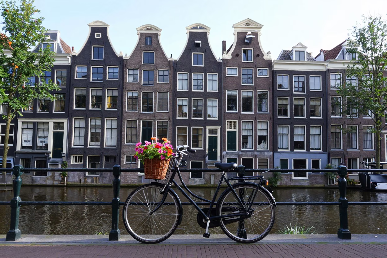 Amsterdam Canal House Facade with Bicycle Rack and Flower Boxes at Midday in in Amsterdam, Netherlands