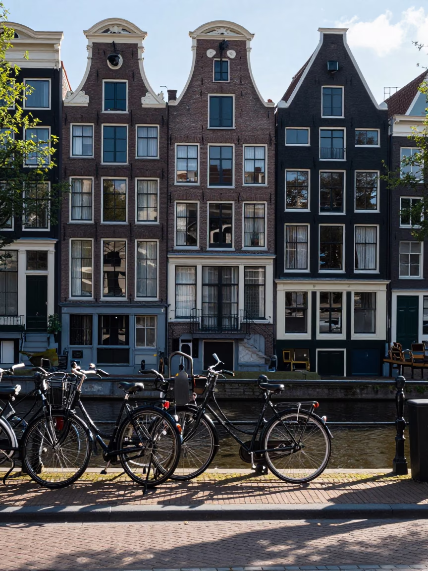 Amsterdam Canal House Facade with Bike Rack and Coffee Cup in Late Morning Sunlight in in Amsterdam, Netherlands