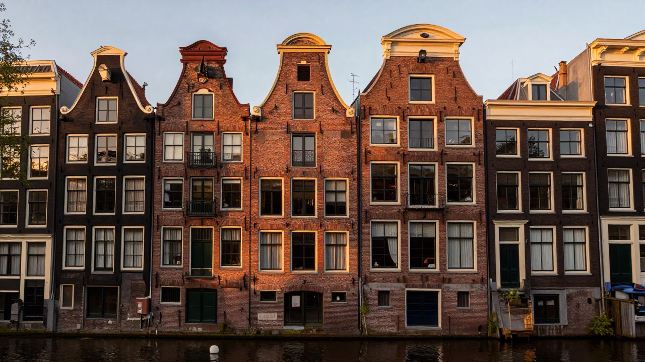 Amsterdam Canal House Facade with Brickwork and Evening Light Reflections in in Amsterdam, Netherlands