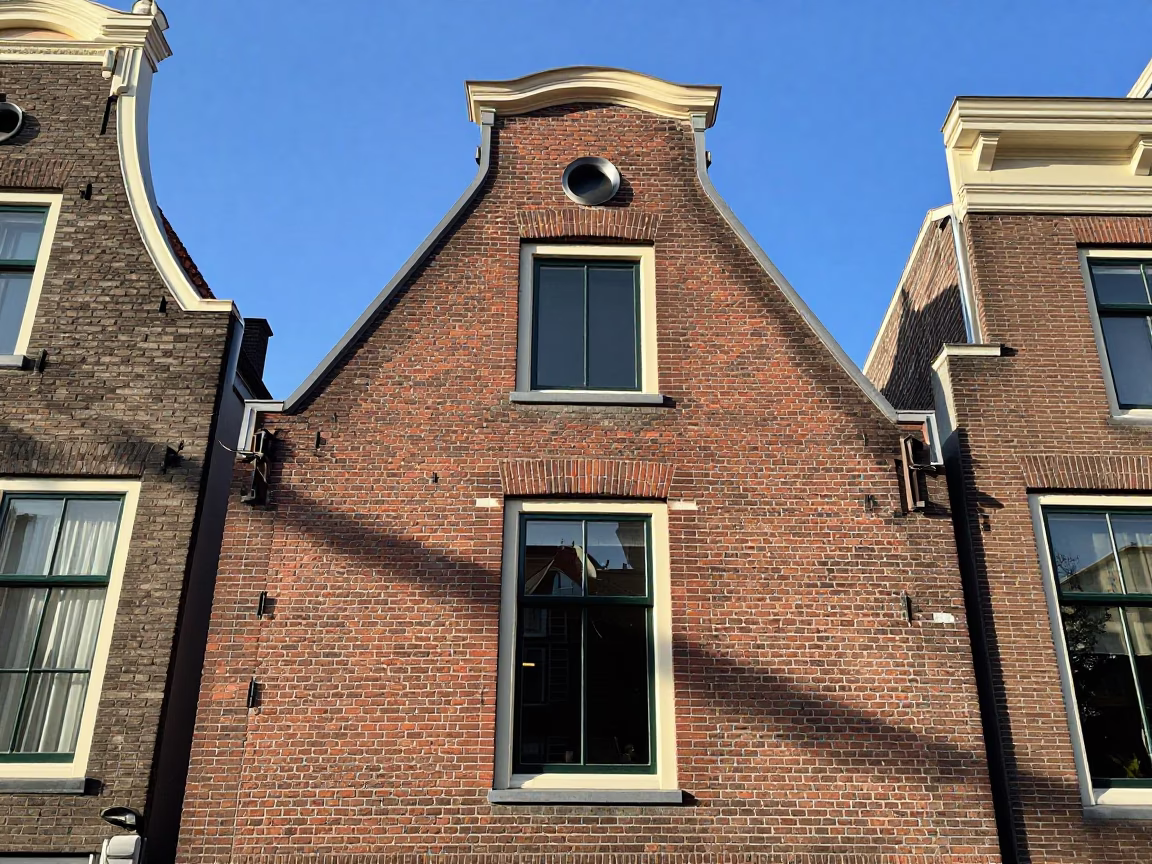 Amsterdam Canal House Facade with Brickwork and Morning Light in in Amsterdam, Netherlands