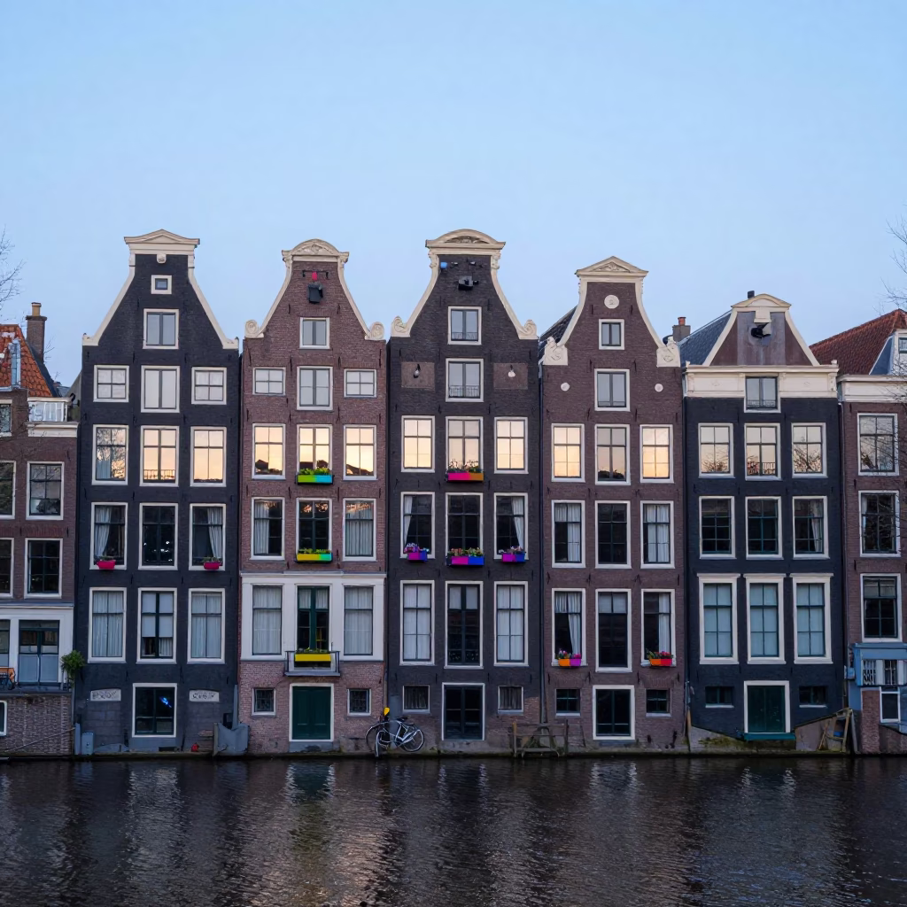 Amsterdam Canal House Facade with Colorful Window Boxes at Dawn in in Amsterdam, Netherlands