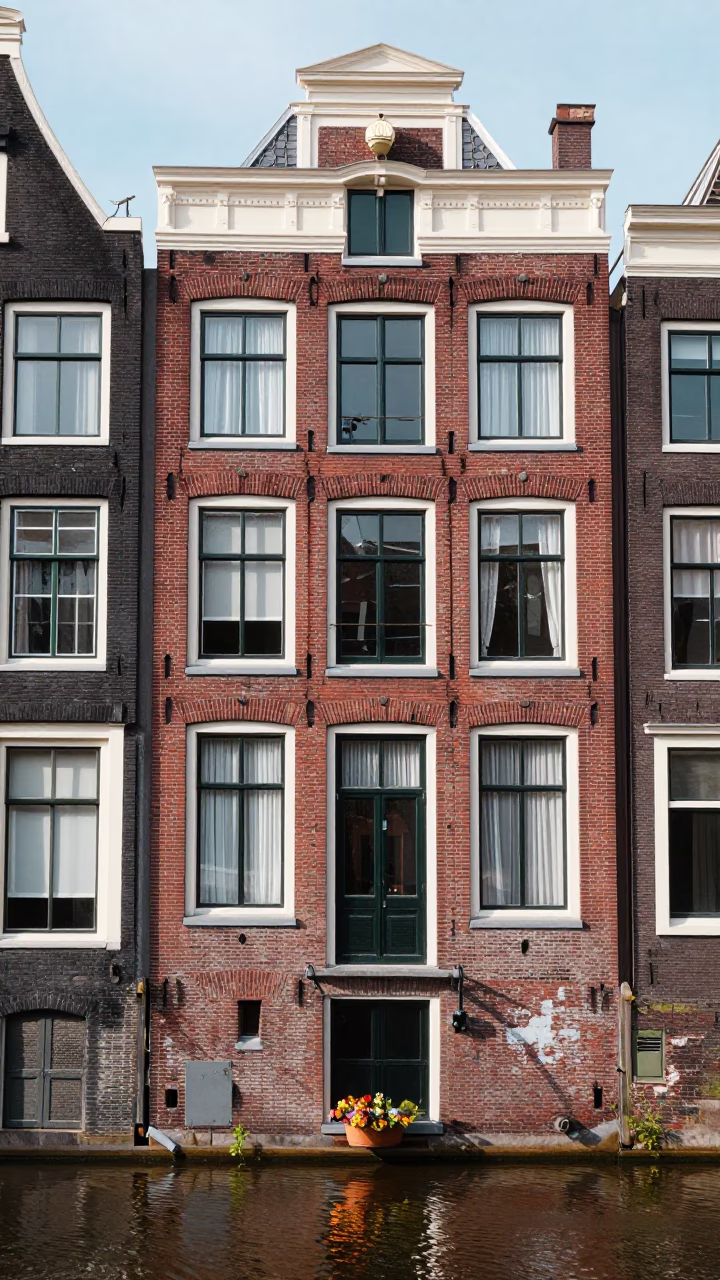 Amsterdam Canal House Facade with Flowerpot and Smudges Under Noon Light in in Amsterdam, Netherlands