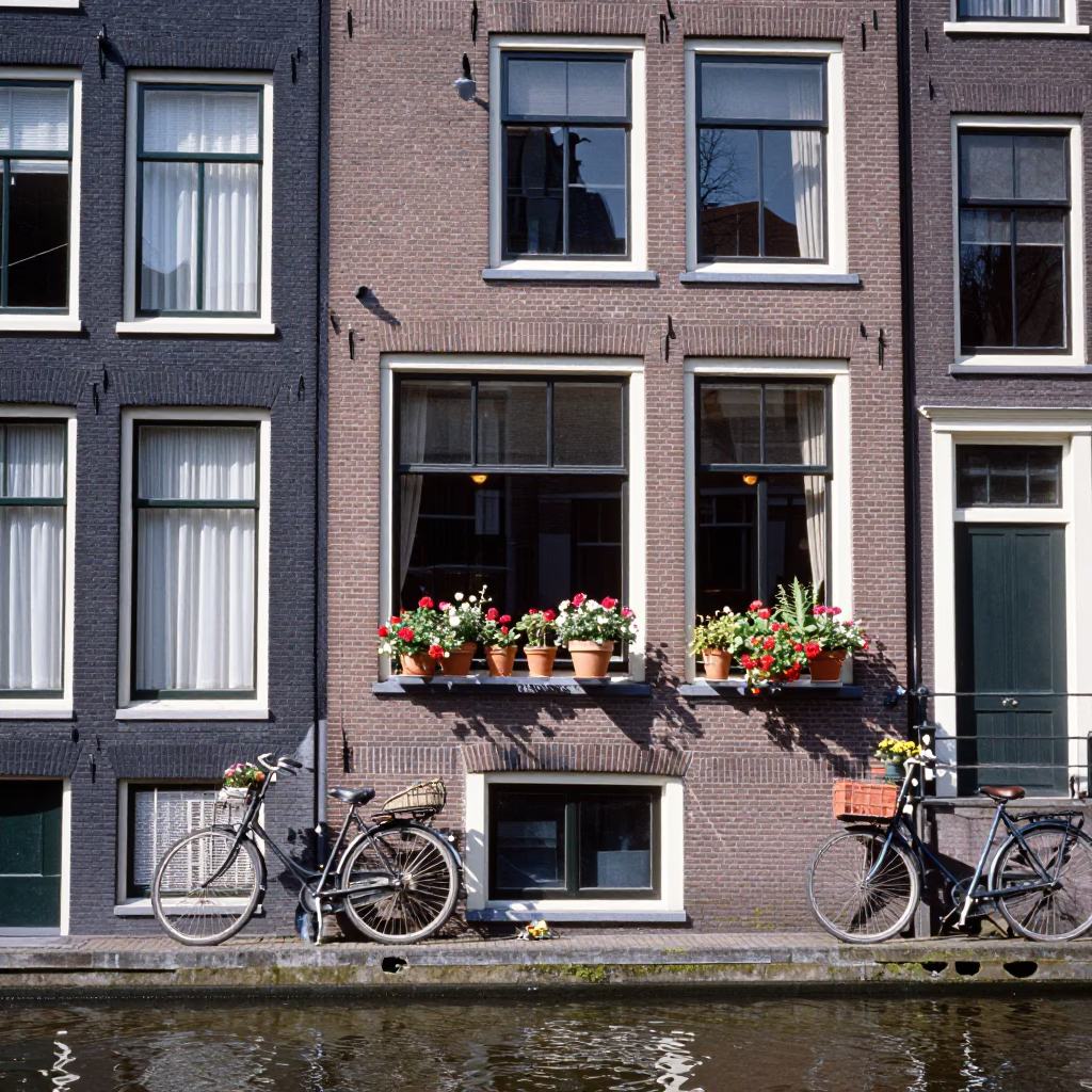 Amsterdam Canal House Facade with Flowerpots and Bicycle Under Flat Noon Sun in in Amsterdam, Netherlands