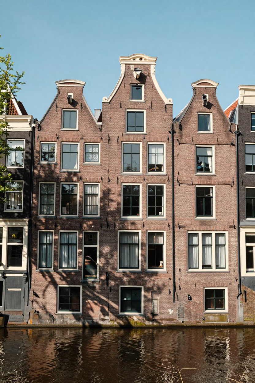 Amsterdam Canal House Facade with Leaf Shadows at Midday in in Amsterdam, Netherlands