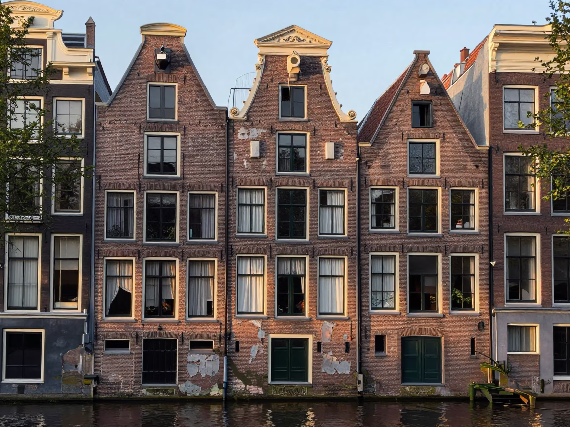 Amsterdam canal house facade with peeling paint and morning light in in Amsterdam, Netherlands