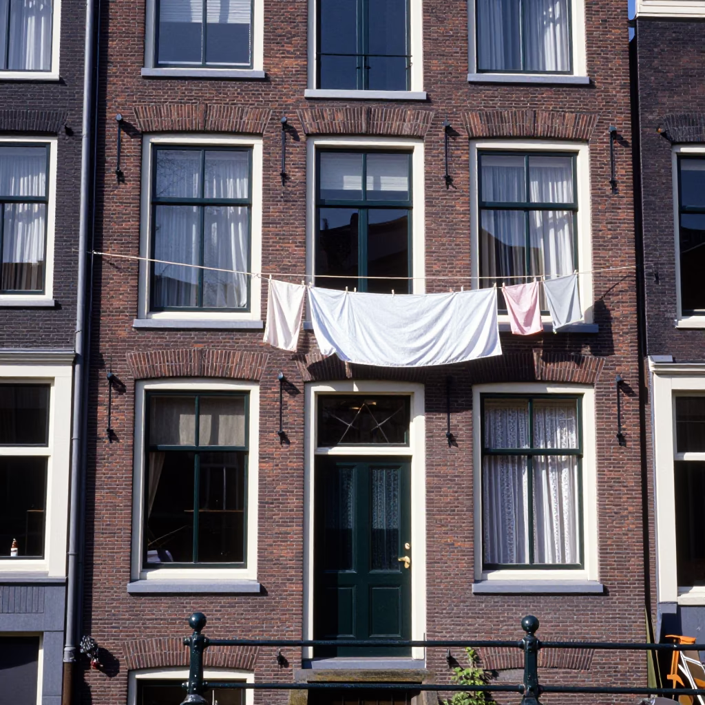Amsterdam Canal House Facade with Peg Rails and Vintage Bicycle in Bright Midmorning Light in in Amsterdam, Netherlands