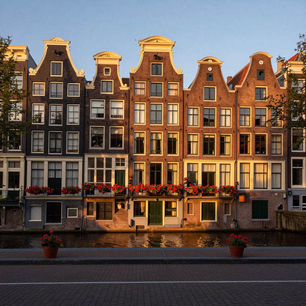 Amsterdam Canal House Facade with Potted Geraniums at Sunset Golden Hour in in Amsterdam, Netherlands