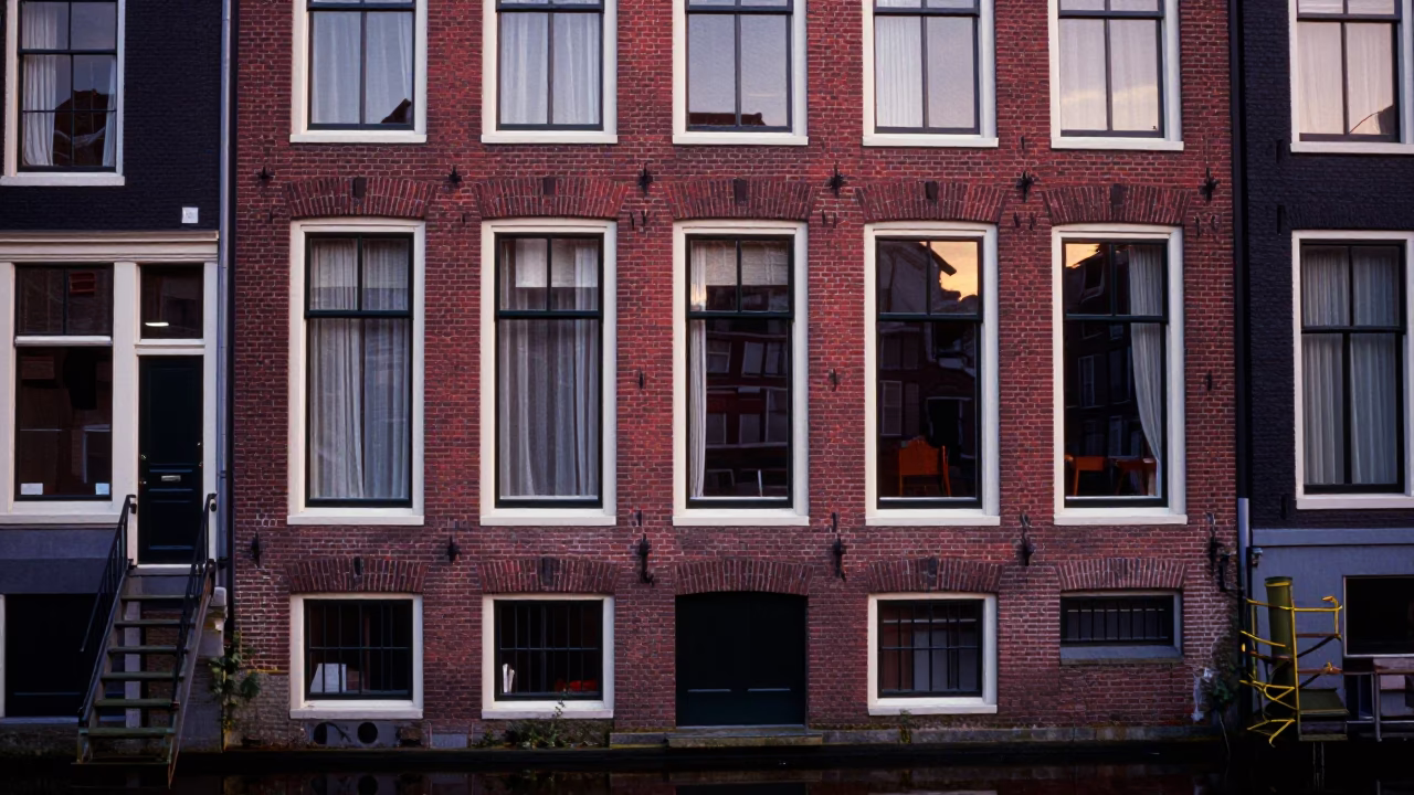 Amsterdam Canal House Facade with Red Brick and White Trim at Nautical Dawn in in Amsterdam, Netherlands
