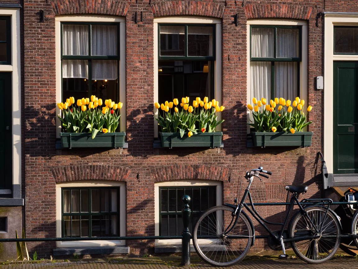 Amsterdam Canal House Facade with Red Tulips and Bicycle in Late Afternoon in in Amsterdam, Netherlands