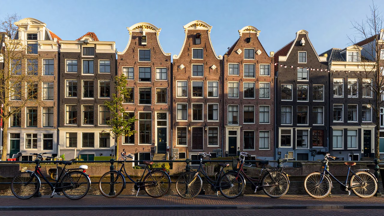 Amsterdam Canal House Facade with String Lights and Bicycle Traffic in Late Afternoon Sun in in Amsterdam, Netherlands