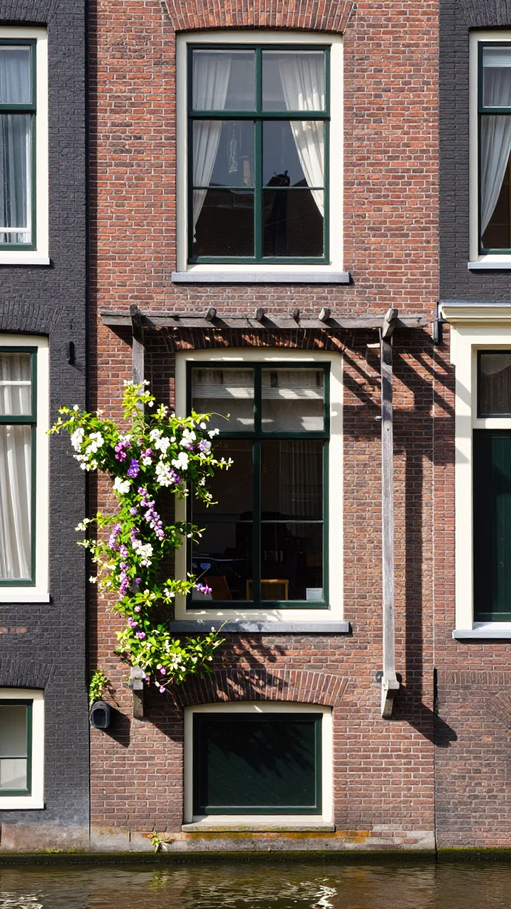 Amsterdam Canal House Facade with Sweet Pea Trellis and Bicycle in Bright Midmorning Light in in Amsterdam, Netherlands