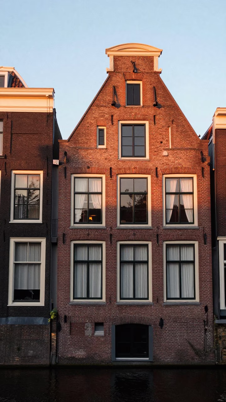 Amsterdam canal house facade with traditional gables and copper-toned dusk light in in Amsterdam, Netherlands