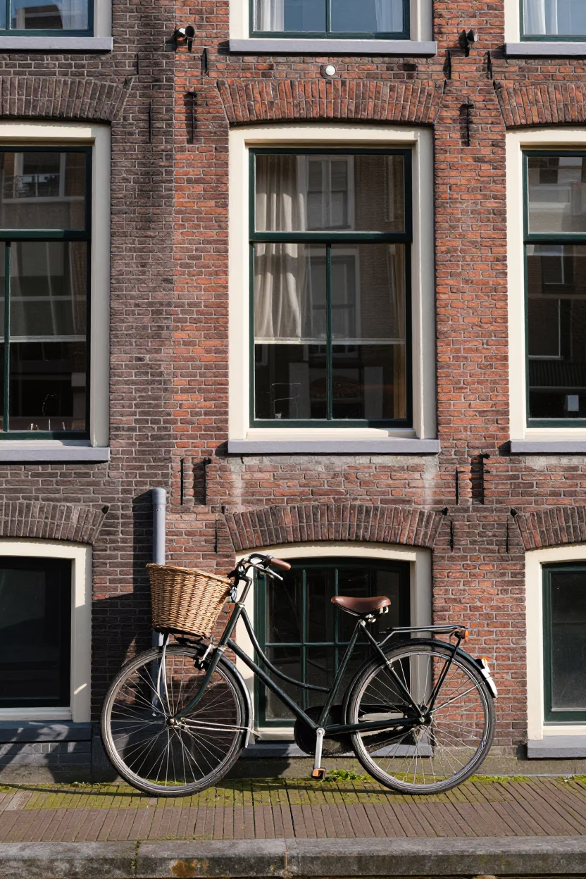 Amsterdam Canal House Facade with Vintage 1970s Bicycle and Brickwork Detail in in Amsterdam, Netherlands