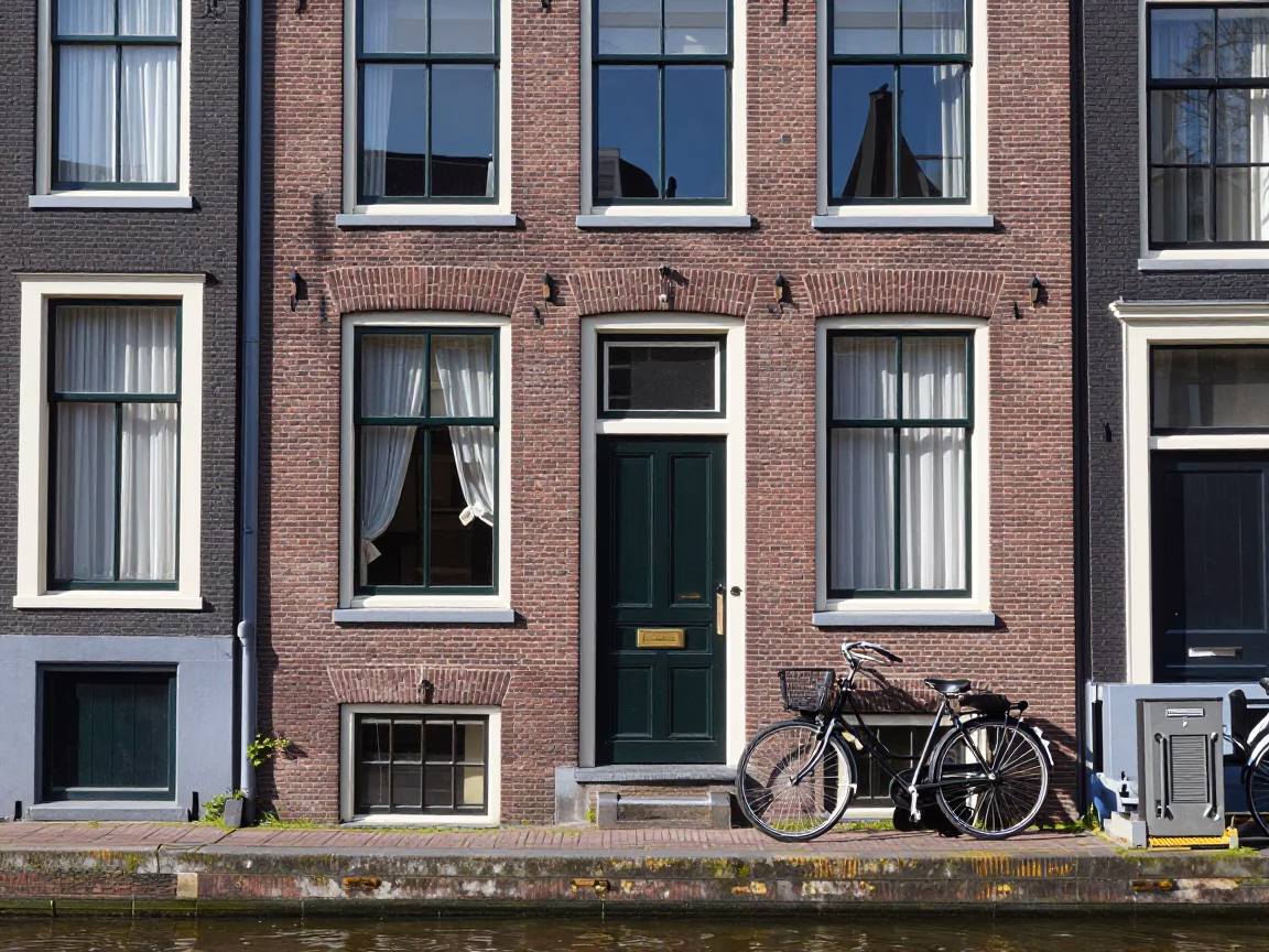 Amsterdam Canal House Facade with Vintage Bicycle and Blue Porcelain Detail in Morning Light in in Amsterdam, Netherlands