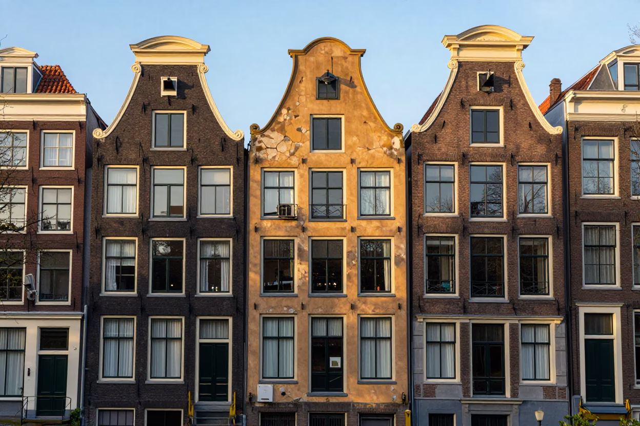 Amsterdam Canal House Facade with Weathered Stucco and Vintage 1970s Street Scene in in Amsterdam, Netherlands