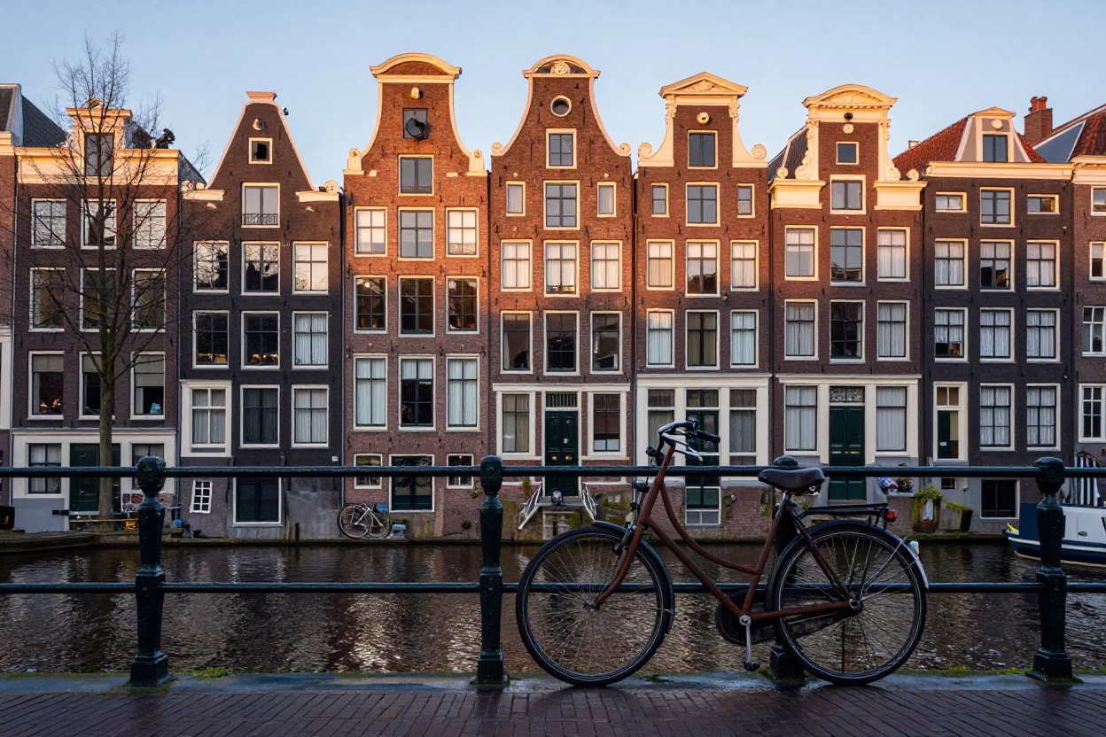 Amsterdam Canal House Facades at Dawn with Bicycle and Hydrophone Winch in in Amsterdam, Netherlands