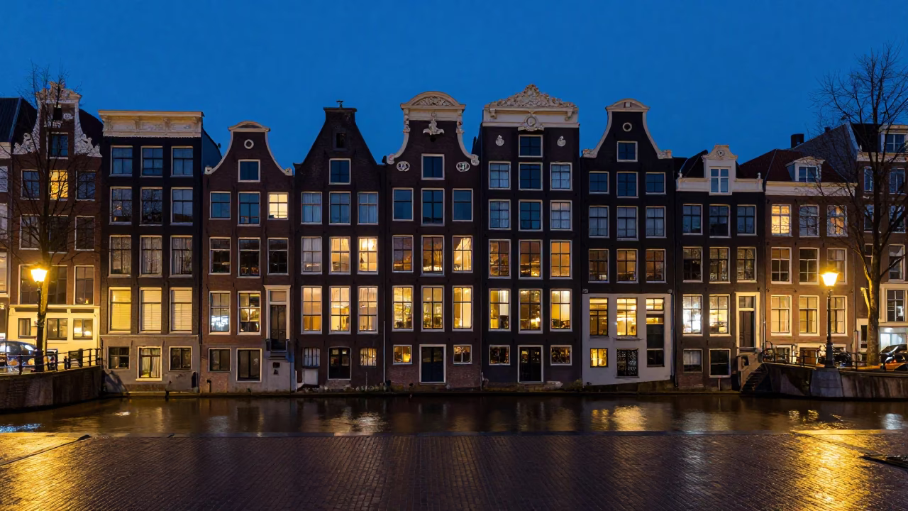 Amsterdam Canal House Facades at Dusk with Vintage Majolica Plate on Brick Window Sill in in Amsterdam, Netherlands