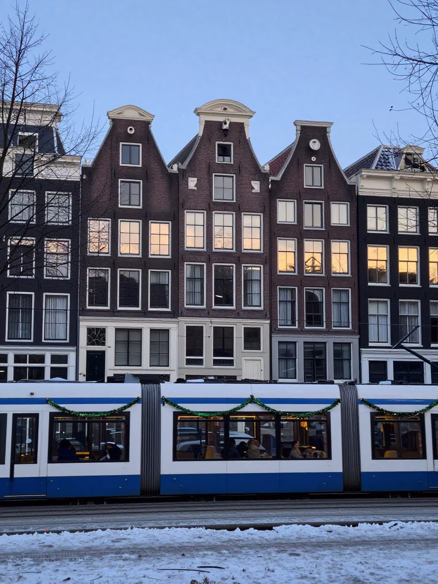 Amsterdam Canal House Facades at Nautical Dawn with Tram and Snow in in Amsterdam, Netherlands