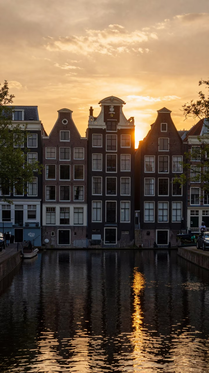 Amsterdam Canal House Facades at Sunset with Cyclist and Cobblestone Street in in Amsterdam, Netherlands
